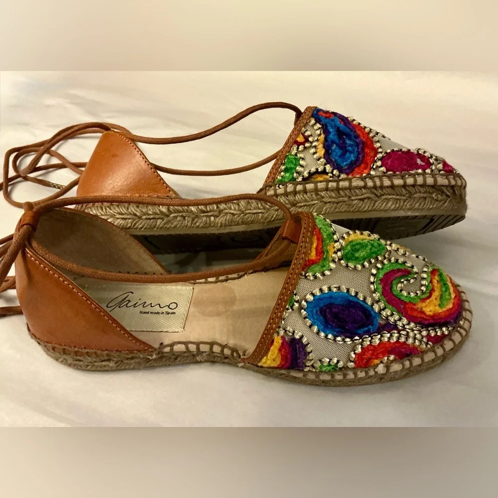 Gaimo Spain Boho Summer Embroidered Espadrille Ankle Tie Sandal Woman SZ 6.5-7